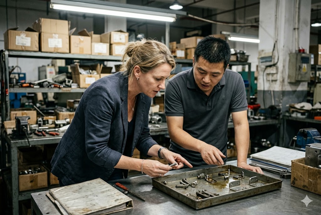Quality Inspection Process Quality inspector and engineer reviewing custom machined metal components together (ID#3)