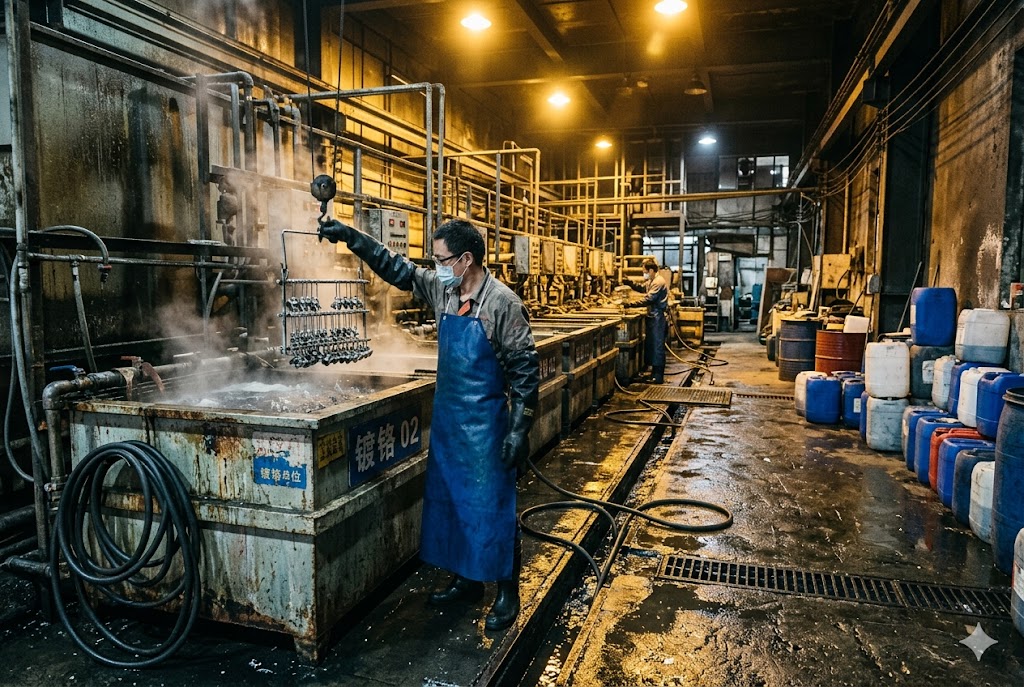 China Parts Manufacturing Process Chinese factory worker performing chrome plating on custom mechanical parts (ID#3)