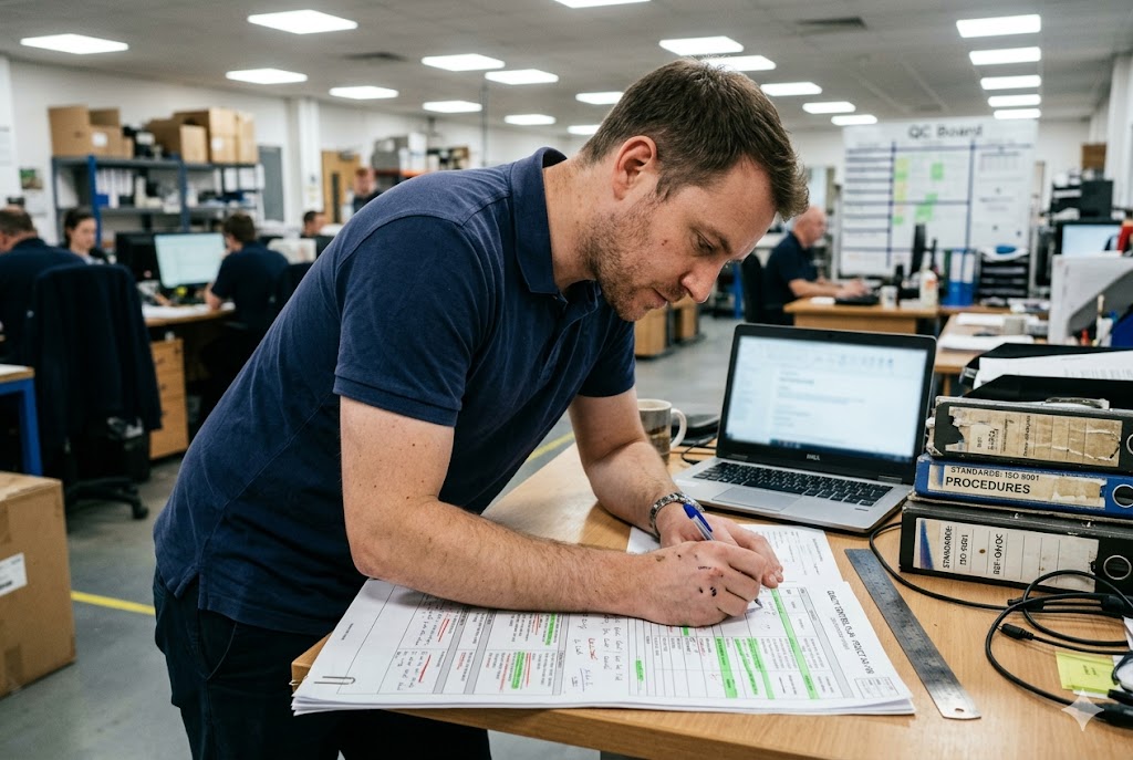 QC Engineering Review Quality control engineer reviewing ISO 9001 procedures for custom mechanical parts production (ID#3)