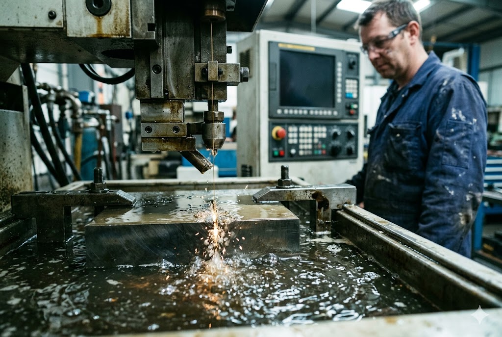 CNC Machining in Action CNC EDM machine cutting metal block with sparks in coolant (ID#3)