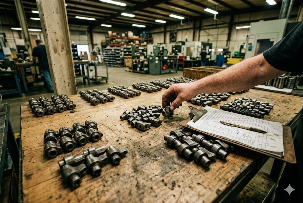 Custom Parts Production Line Worker sorting custom machined components on factory workbench (ID#3)