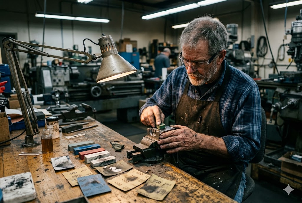 Expert Custom Parts Machining Experienced machinist precision-finishing custom mechanical parts at workshop bench (ID#3)