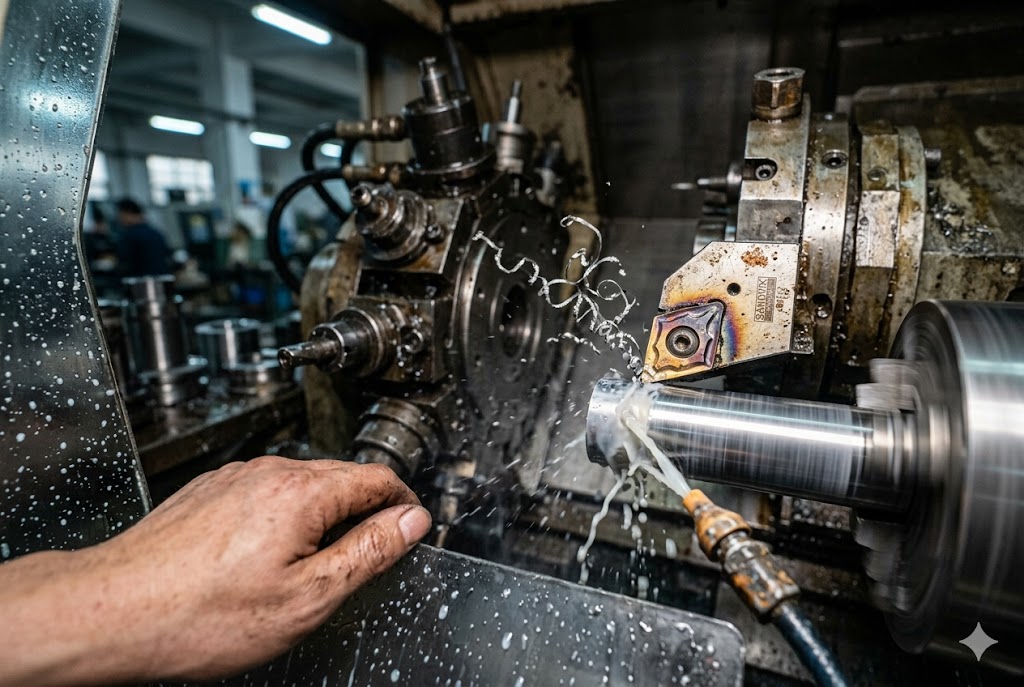 Metal Turning Live Action CNC lathe cutting metal shaft with coolant spray and metal chips flying (ID#3)