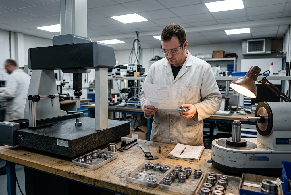 CMM Quality Control Quality inspector checking custom machined parts with CMM equipment (ID#3)