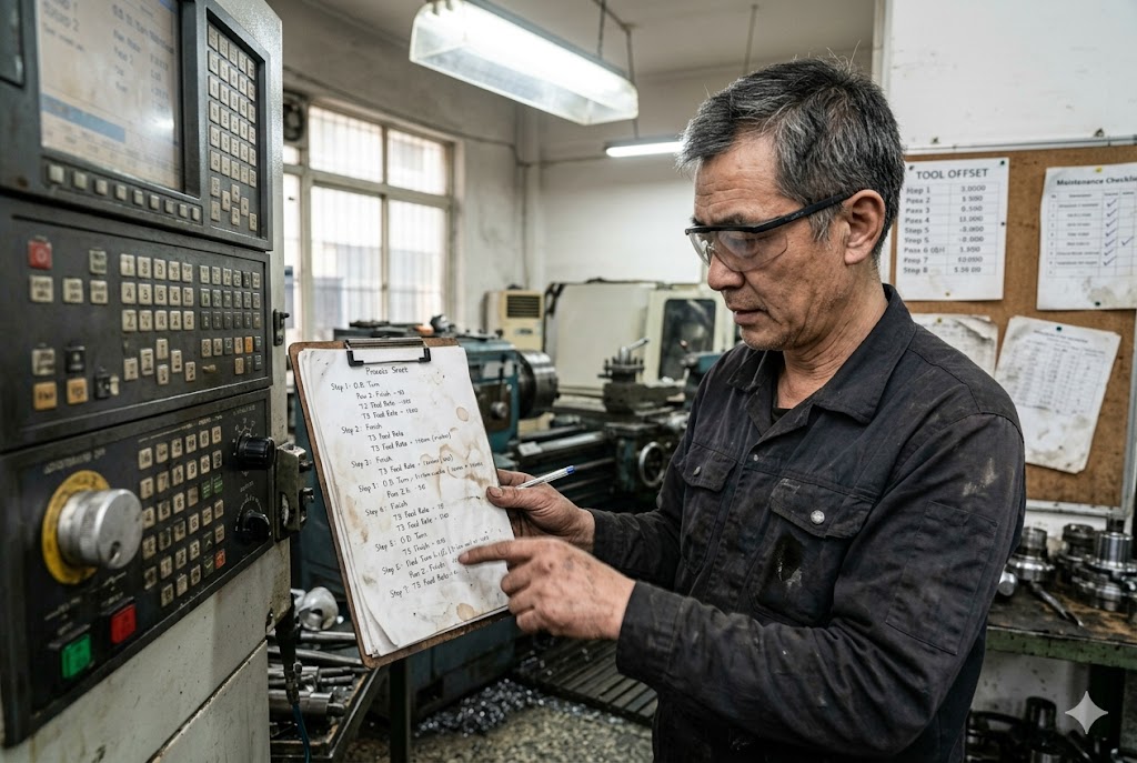 CNC Process Quality Control Experienced CNC technician reviewing process sheet at machine control panel (ID#3)