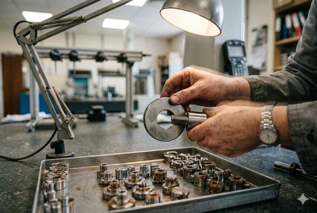 Thread Gauge Quality Check Quality inspector using thread ring gauge to verify custom machined fitting parts (ID#3)