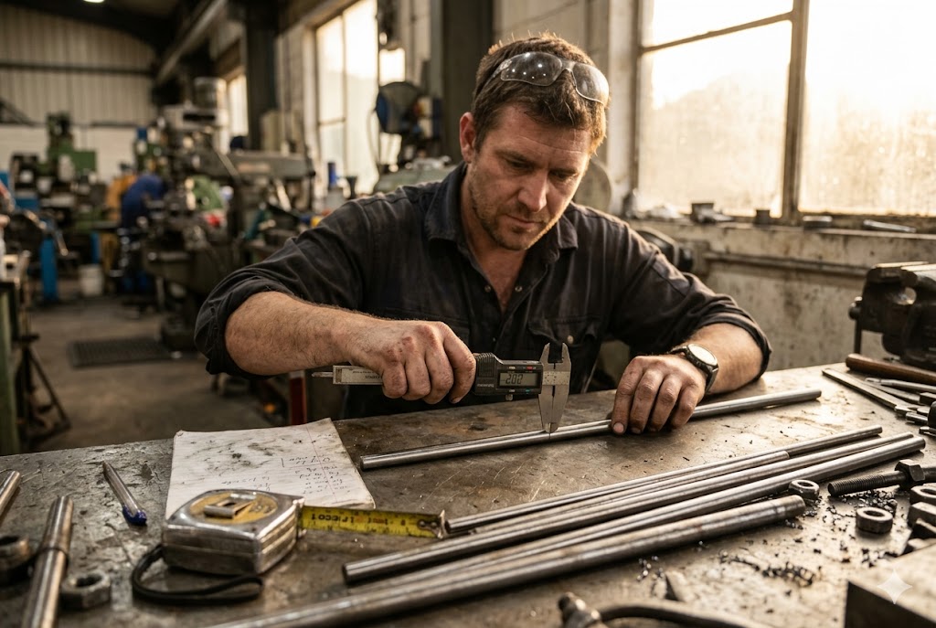 Dimensional Inspection Custom Parts Quality inspector measuring steel rod with digital caliper (ID#3)