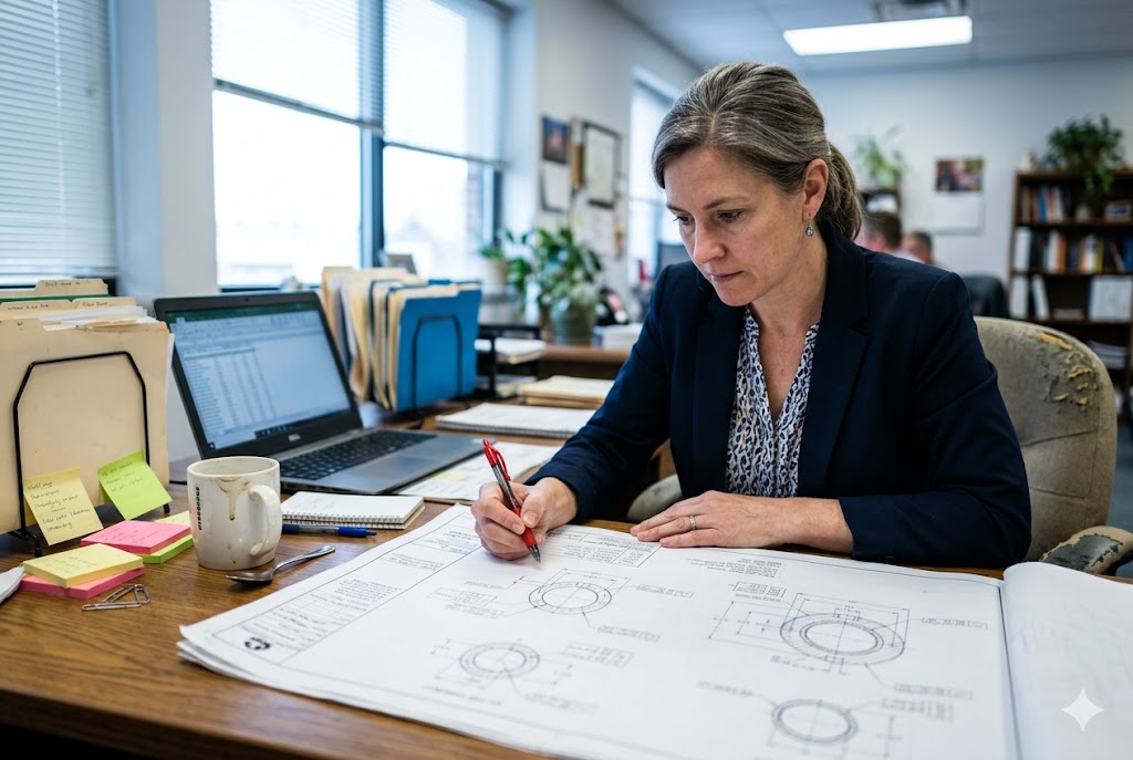 Mechanical Parts Procurement Review Purchasing manager reviewing custom mechanical engineering drawings office desk (ID#3)