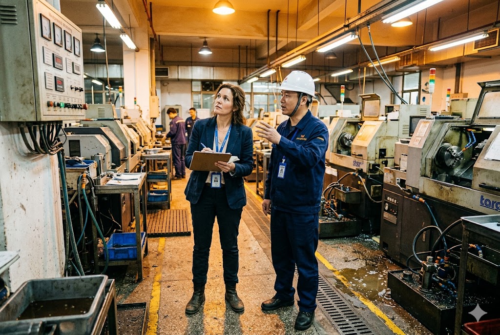 Supplier Factory Audit US purchasing manager and factory engineer during supplier audit in CNC machine shop (ID#3)