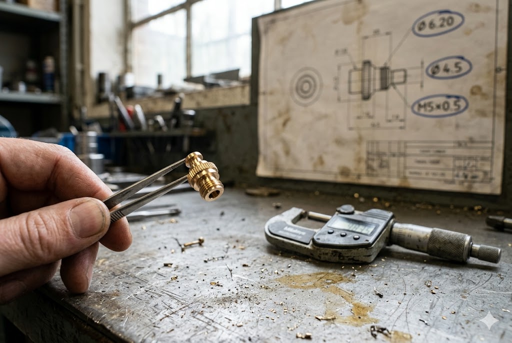 Custom Brass Part QC Inspecting custom brass machined part against engineering drawing tolerances (ID#3)