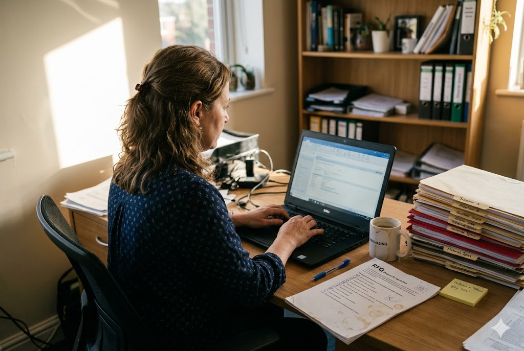 B2B Parts Sourcing Purchasing manager sourcing custom mechanical parts suppliers via laptop with RFQ documents (ID#3)