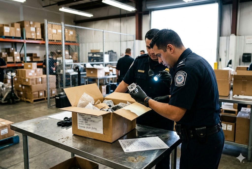 Import Customs Inspection Customs officers inspecting mechanical parts in cardboard box at warehouse (ID#3)