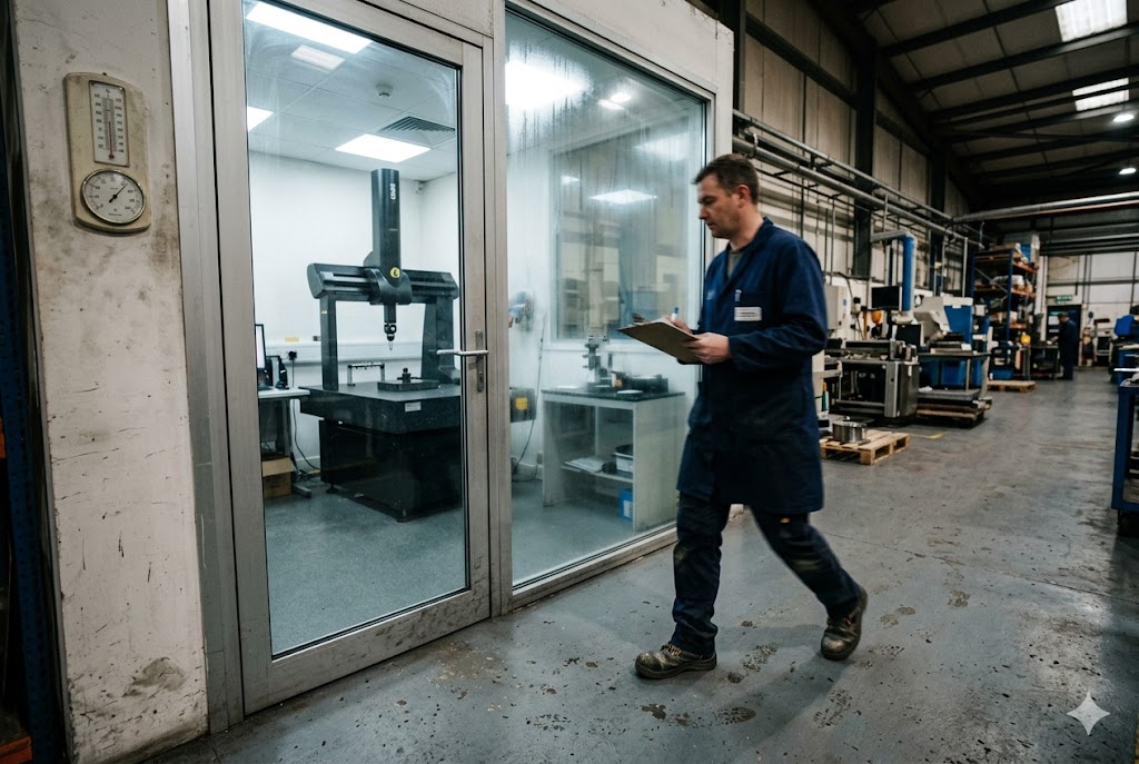 CMM Quality Control Room Quality engineer walking past CMM measuring room in machining factory (ID#3)