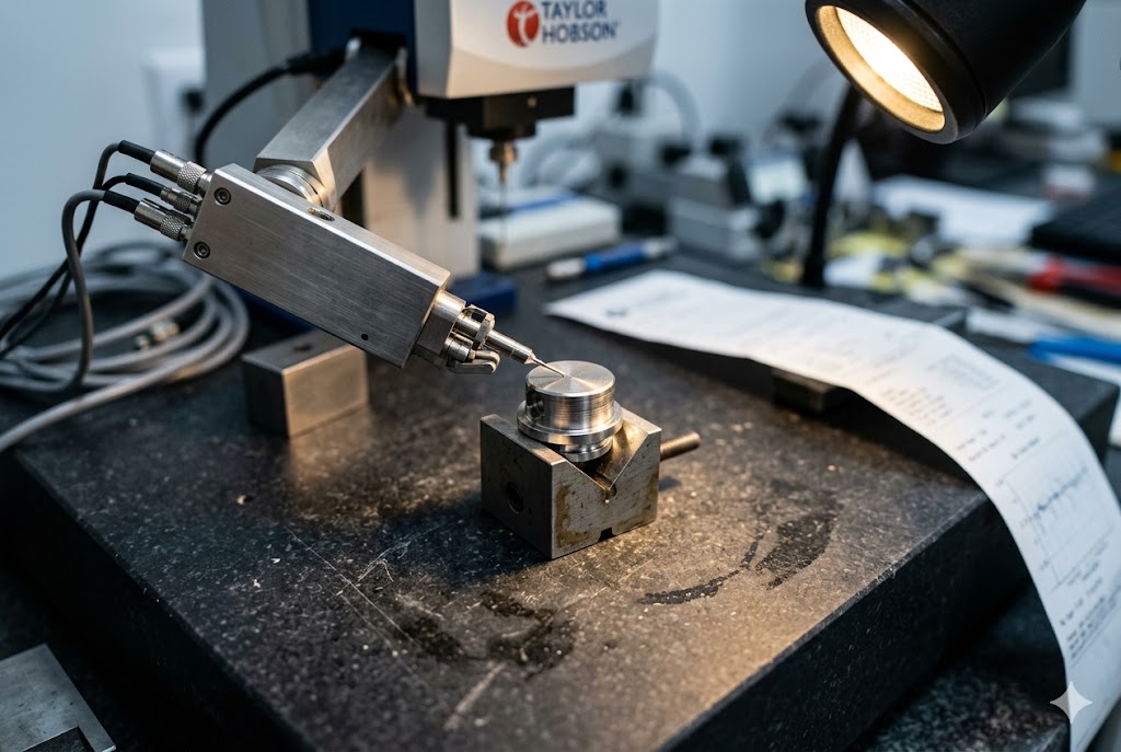CNC Part Inspection Machine Taylor Hobson CMM machine performing surface roundness inspection on custom CNC part (ID#3)