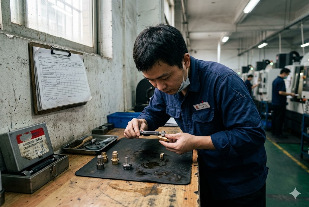 CNC Parts Quality Inspection In-process quality control technician inspecting brass custom CNC parts with gauge (ID#3)