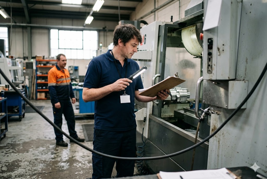 Supplier Factory Audit Engineer inspecting CNC machined parts during supplier factory audit visit (ID#3)