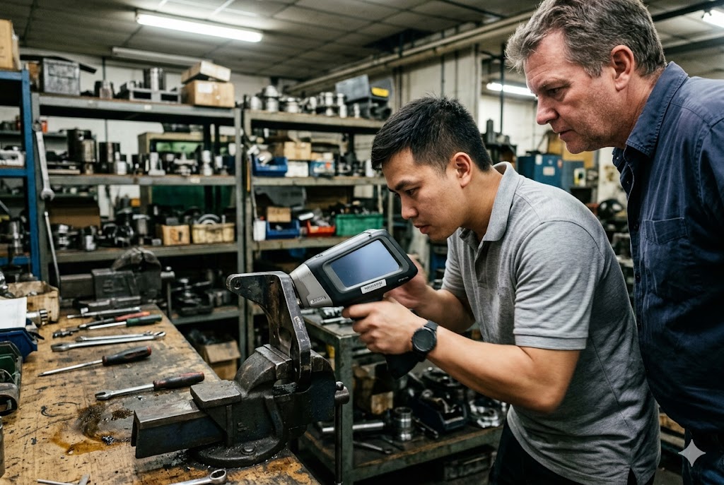 Precision Quality Inspection Quality inspector using handheld scanner to verify machined part dimensions (ID#3)