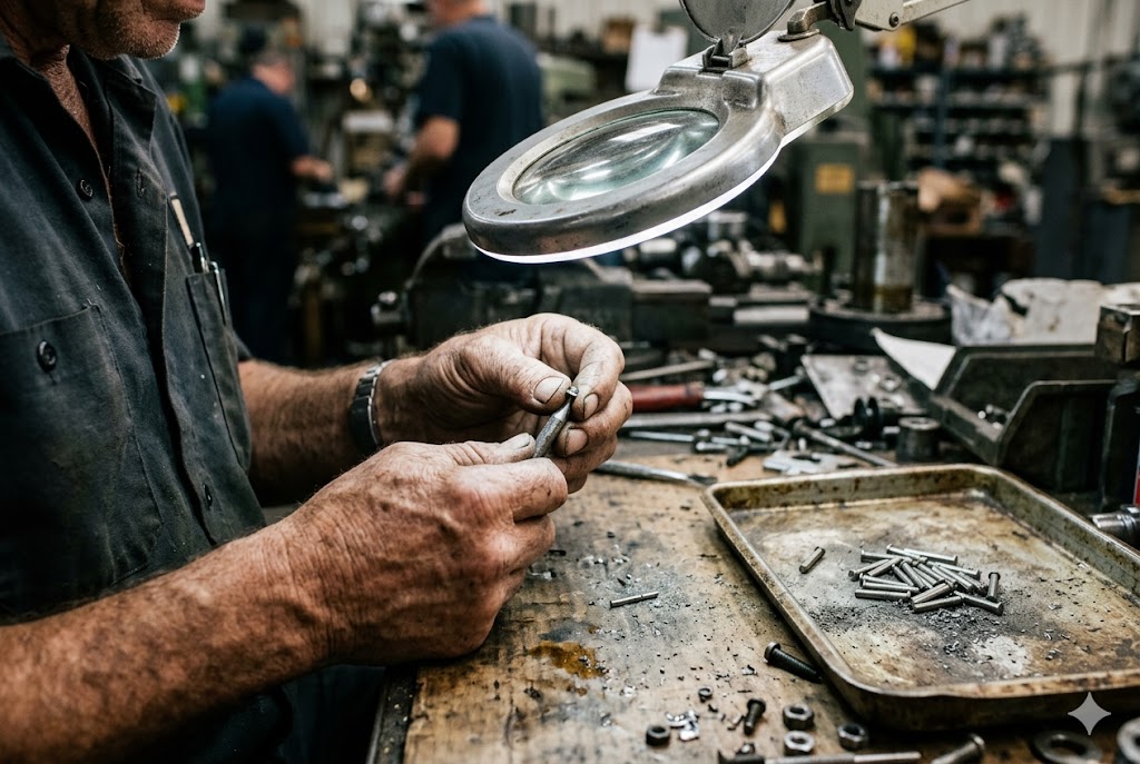 Precision Parts Quality Control Quality inspector examining custom metal fasteners under magnifying lamp (ID#3)