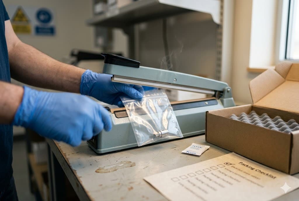 Precision Parts Packaging Gloved technician heat-sealing custom mechanical parts bags with packing checklist (ID#3)