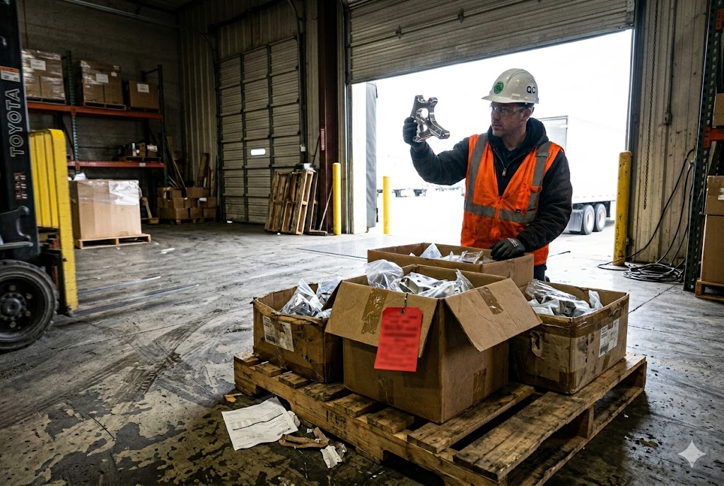 Pre-Shipment Parts Inspection Warehouse QC inspector examining custom mechanical part from shipment pallet (ID#3)