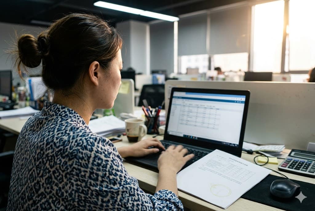 Supply Chain Order Management Sourcing specialist verifying purchase order data and specifications on laptop (ID#3)
