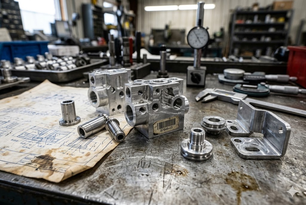 CNC Custom Parts Custom CNC machined aluminum parts with engineering drawings on workshop bench (ID#3)