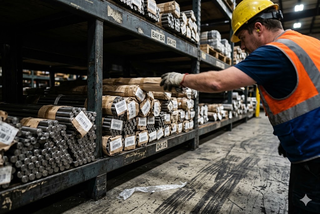 Steel Bar Stock Warehouse Warehouse worker retrieving labeled steel bar stock from industrial shelving (ID#3)