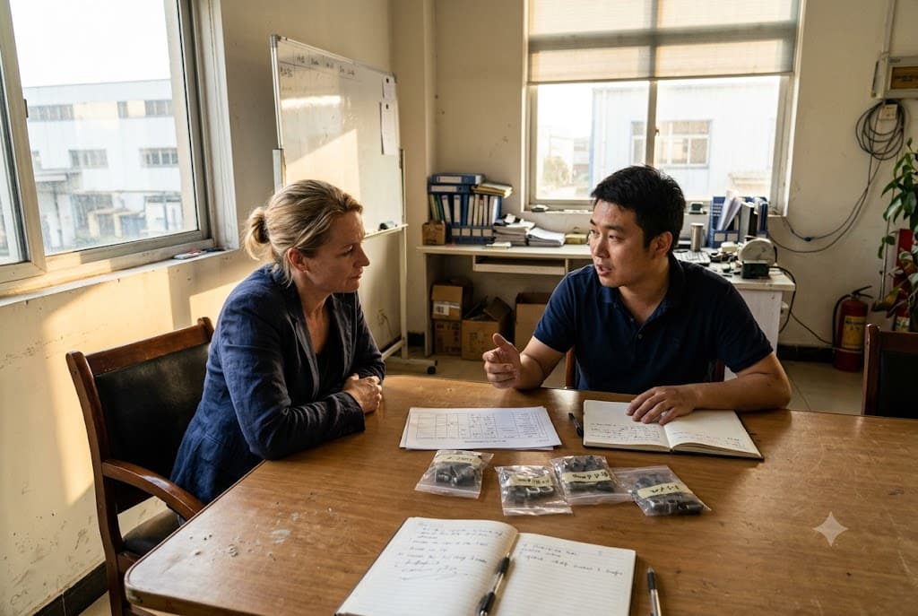 Supplier Sourcing Consultation Purchasing manager consulting Chinese supplier about custom mechanical parts samples (ID#3)
