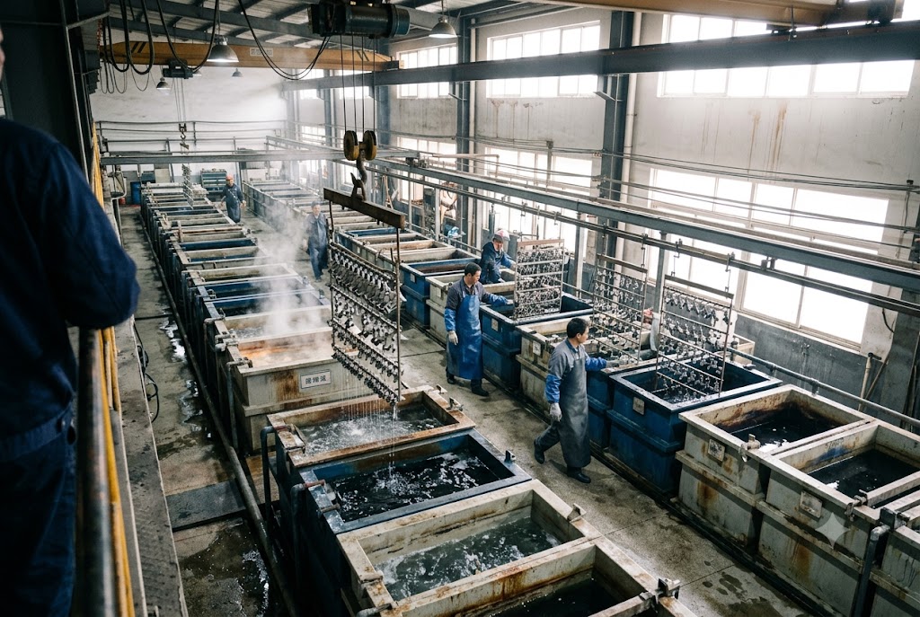 Surface Treatment Process Factory workers operating electroplating line for custom mechanical parts production (ID#3)