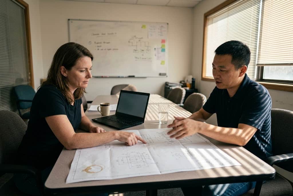 Custom Drawing Review Meeting Engineer and client reviewing custom mechanical part drawings together (ID#3)