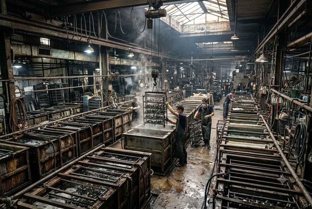 Custom Parts Manufacturing Factory workers operating metal plating line in manufacturing facility (ID#3)