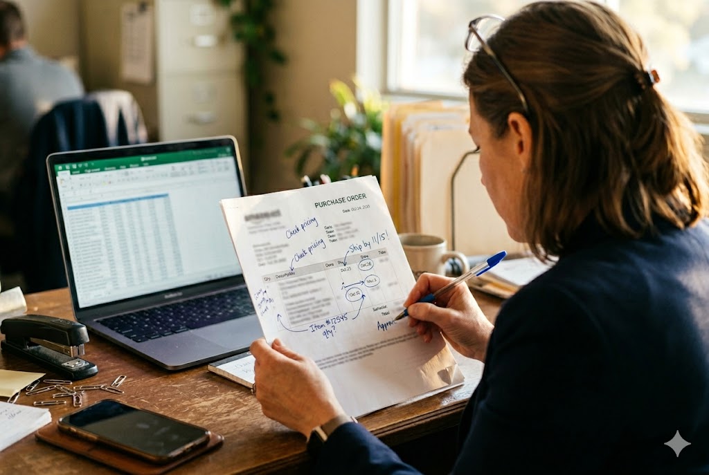 B2B Procurement Order Review Purchasing manager reviewing purchase order and supplier data on laptop (ID#3)