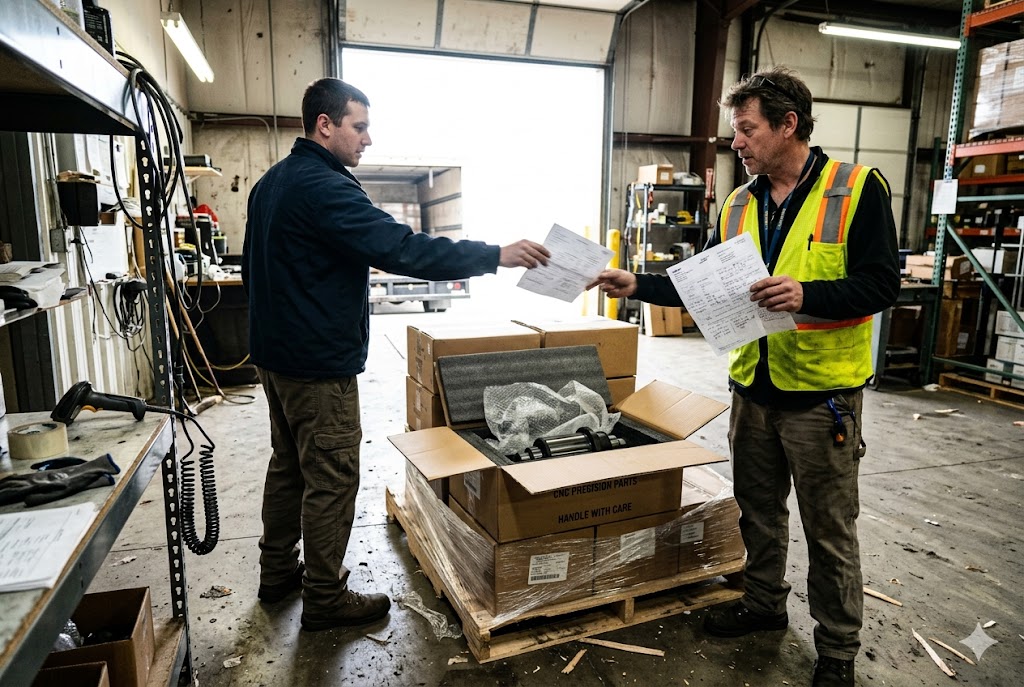 CNC Parts Delivery Inspection Warehouse staff verifying CNC precision parts shipment documents on delivery (ID#3)