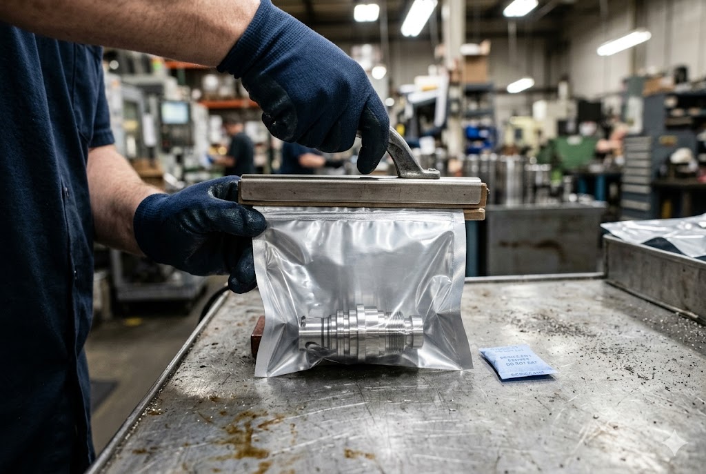 Precision Parts Sealed Packaging Technician vacuum-sealing precision custom mechanical part in protective bag (ID#3)