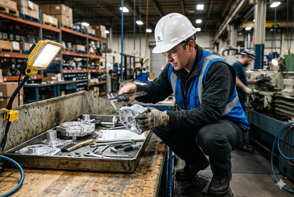 Parts Quality Inspection Quality inspector measuring custom mechanical parts with caliper in warehouse (ID#3)