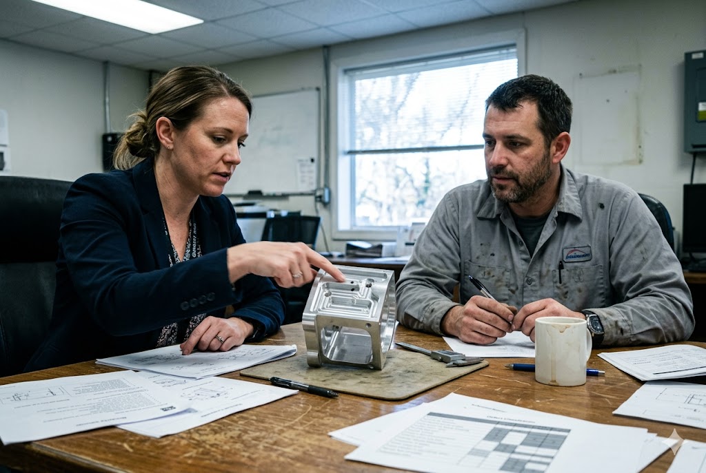 Parts Review Meeting Purchasing manager and engineer reviewing custom machined metal part with technical drawings (ID#3)