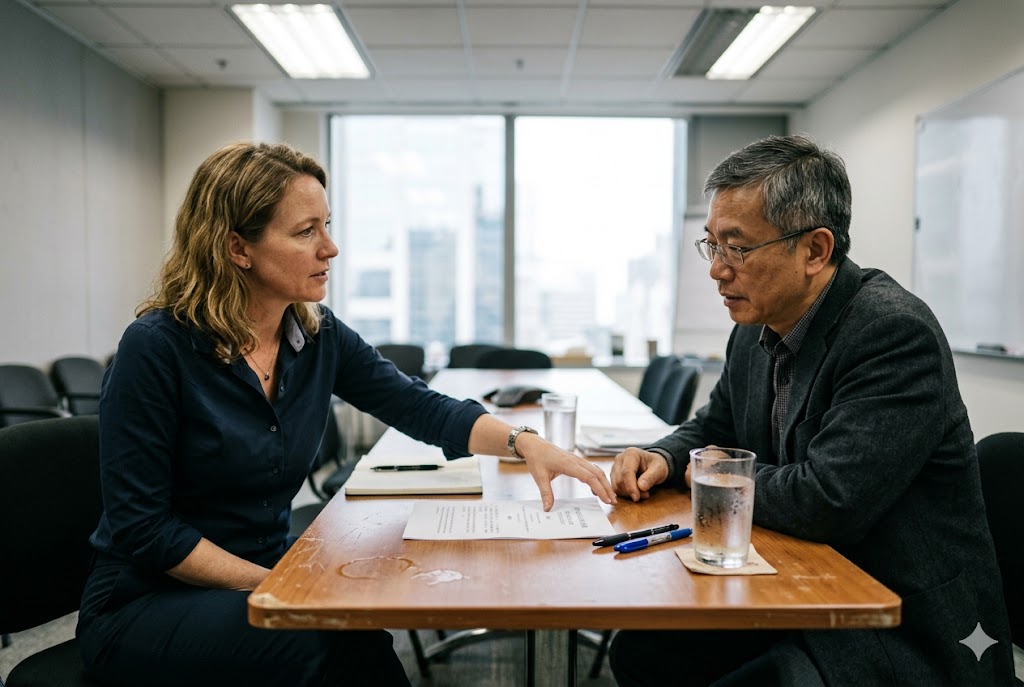 B2B Supplier Contract Review US buyer and Chinese supplier reviewing contract documents at meeting table (ID#3)
