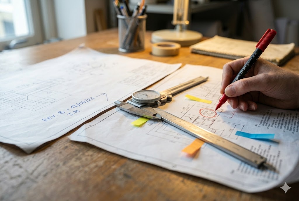 Precision Parts Engineering Engineer annotating technical drawing with caliper ruler for custom mechanical parts (ID#3)