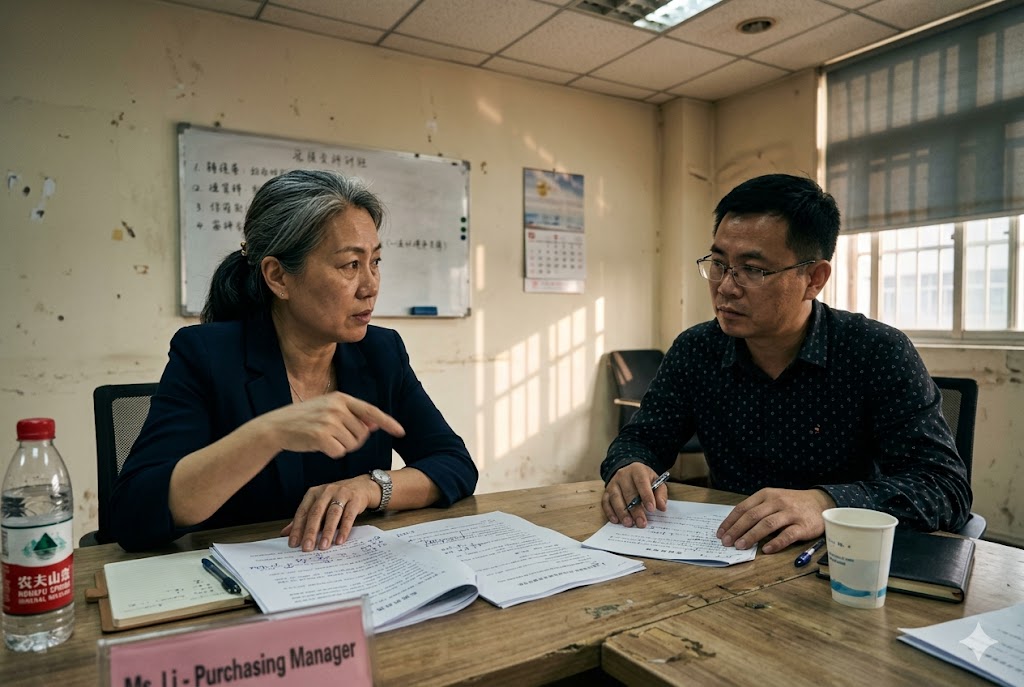 Supplier Meeting Purchasing manager discussing supplier evaluation and project requirements (ID#3)
