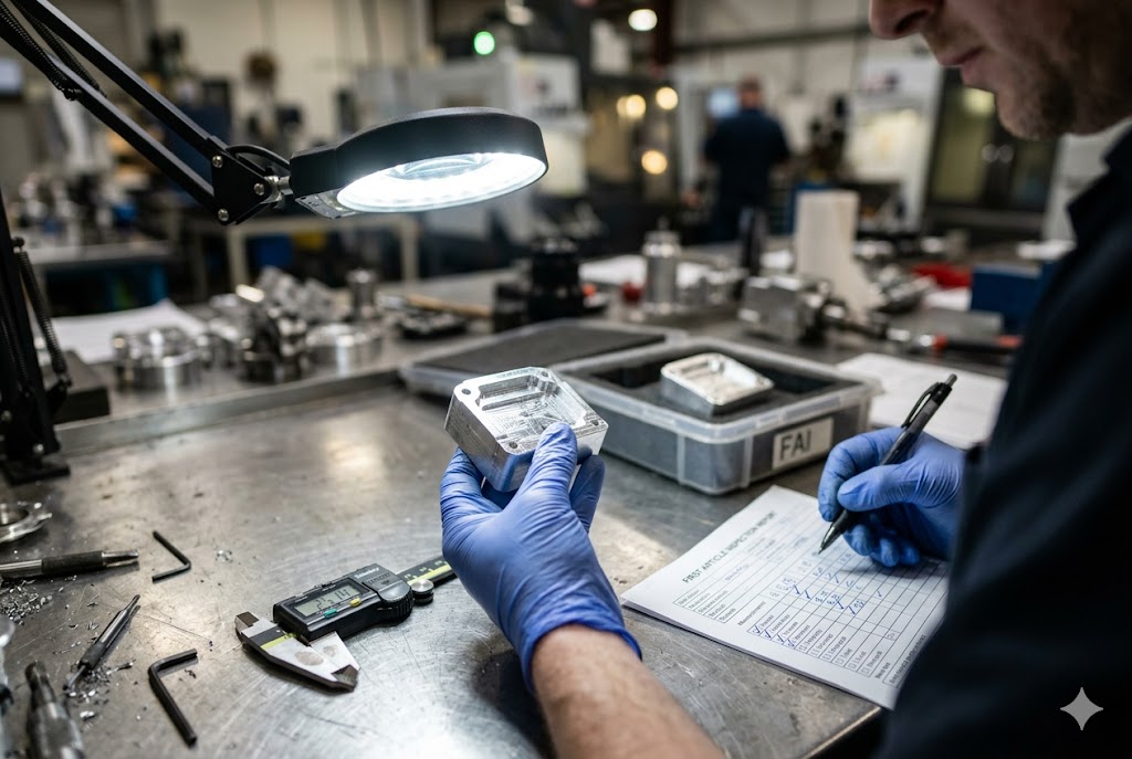 Custom Parts QC Inspection Quality inspector examining custom machined aluminum part with caliper and FAI checklist (ID#3)