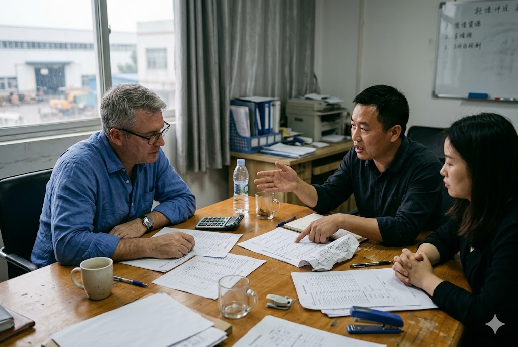 Supplier Sourcing Meeting Western buyer and Chinese supplier discussing custom mechanical parts project (ID#3)