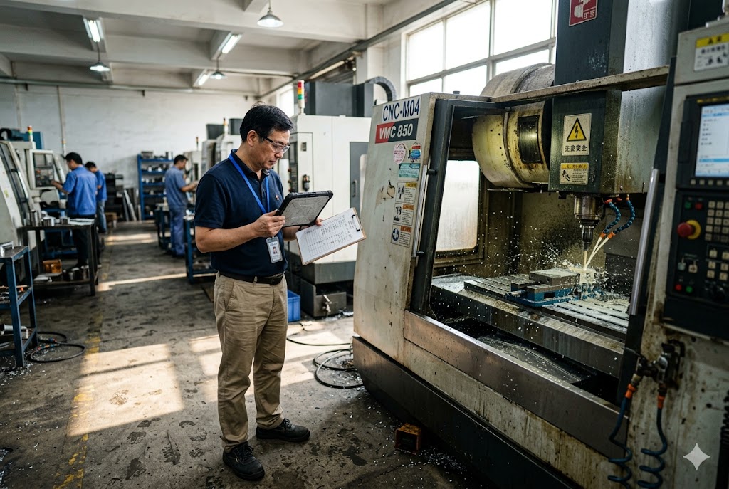 CNC Factory Inspection Quality control engineer inspecting CNC machining process at China mechanical parts factory (ID#3)