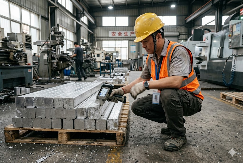 Raw Material Inspection Quality inspector scanning raw aluminum billets in CNC machining factory (ID#3)