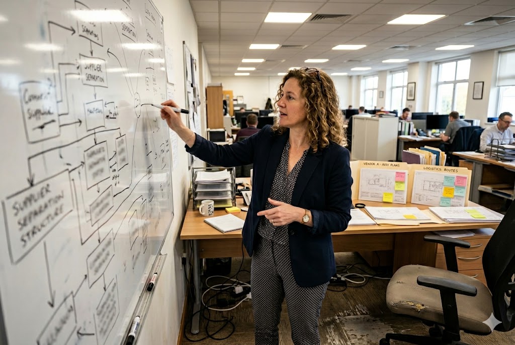 Supply Chain Planning Supply chain manager mapping supplier separation structure on office whiteboard (ID#3)