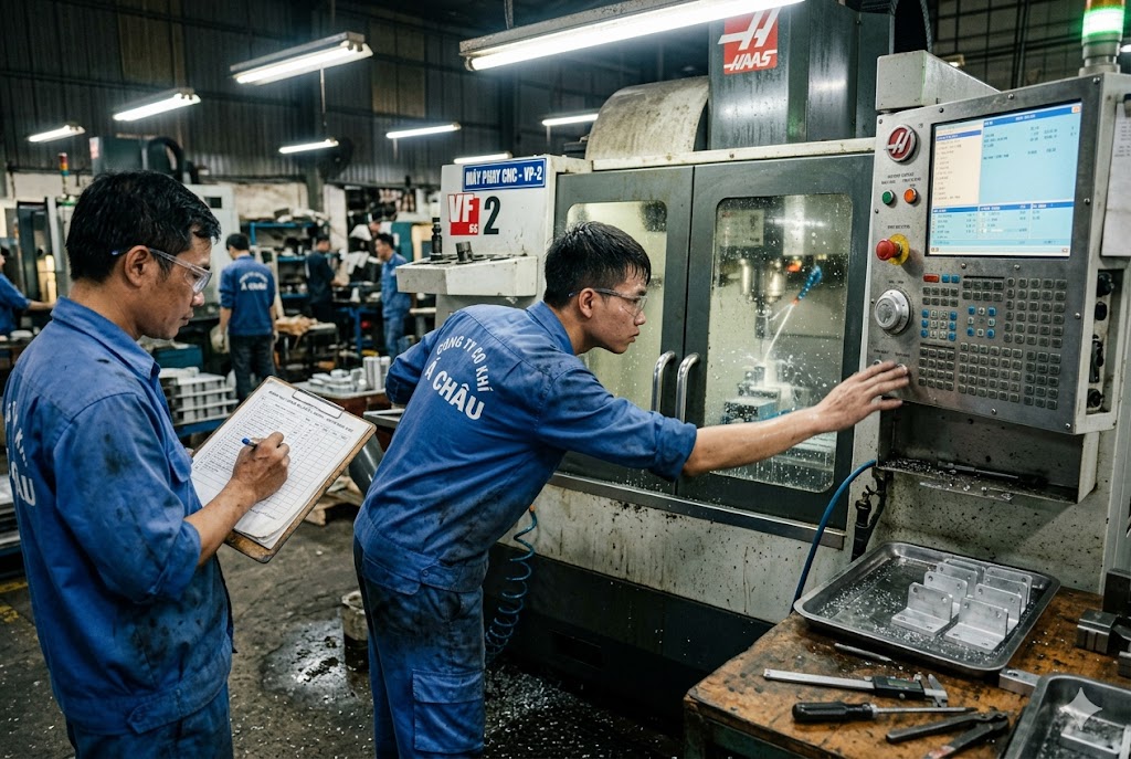 Vietnam CNC Machining Vietnam CNC machinists operating Haas milling machine for custom mechanical parts (ID#3)