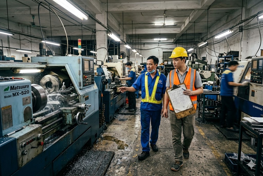 Factory Audit In Progress Quality inspector and engineer conducting supplier factory audit at CNC machining facility (ID#3)