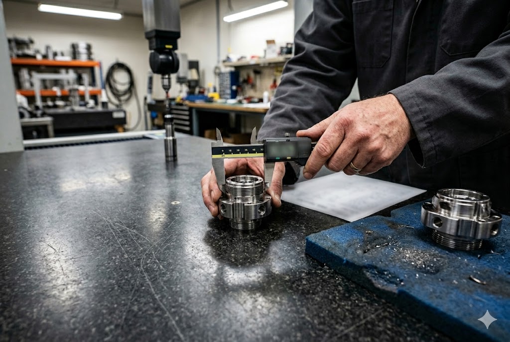 Precision Parts Quality Inspection Quality control technician measuring custom mechanical part dimensions with digital caliper (ID#3)