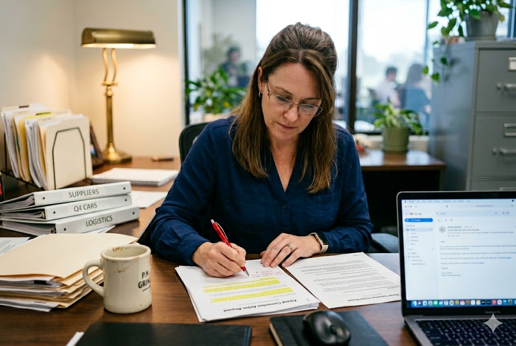 Supplier QC Review Purchasing manager reviewing supplier quality corrective action documents at desk (ID#3)