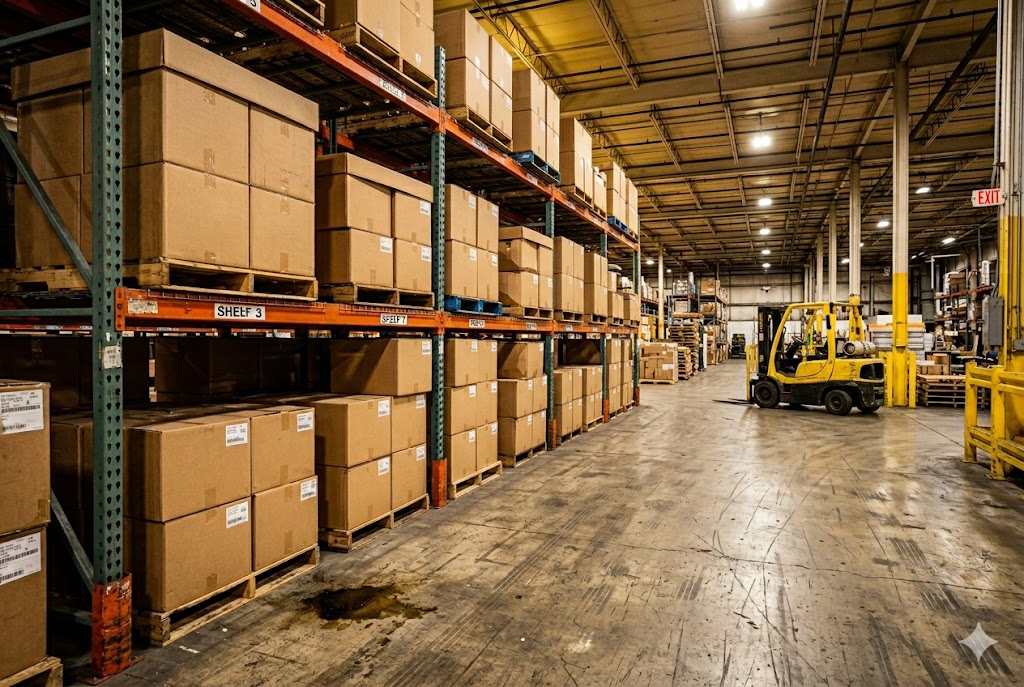 B2B Parts Logistics Warehouse Large logistics warehouse with forklift managing palletized custom parts shipments (ID#3)