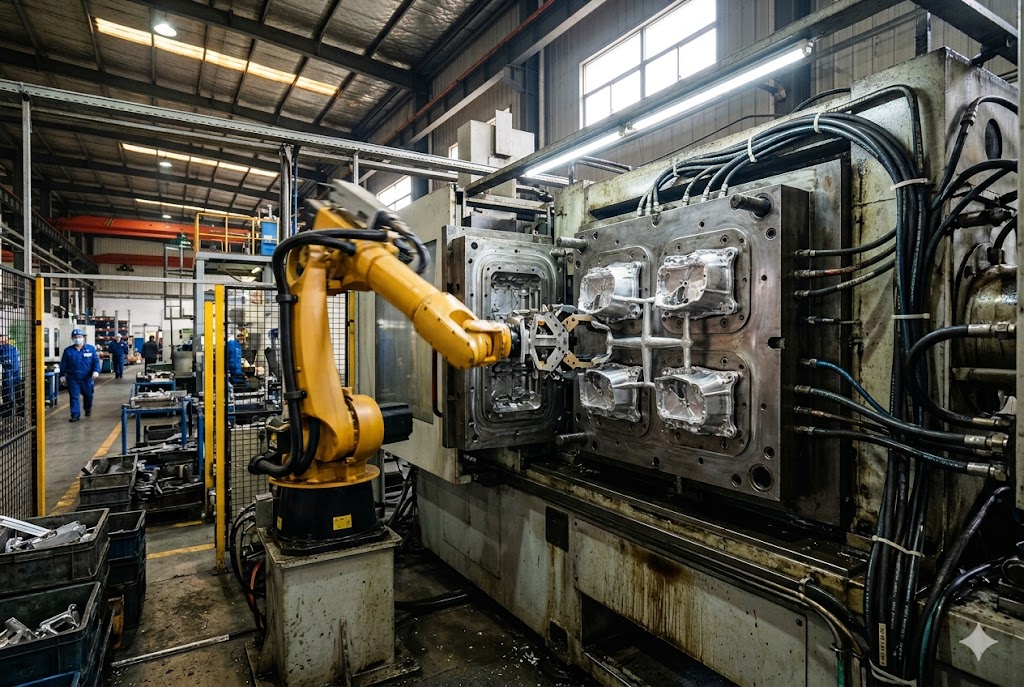 Robotic Die Casting Parts Industrial robot arm extracting die-cast custom mechanical parts from mold (ID#3)